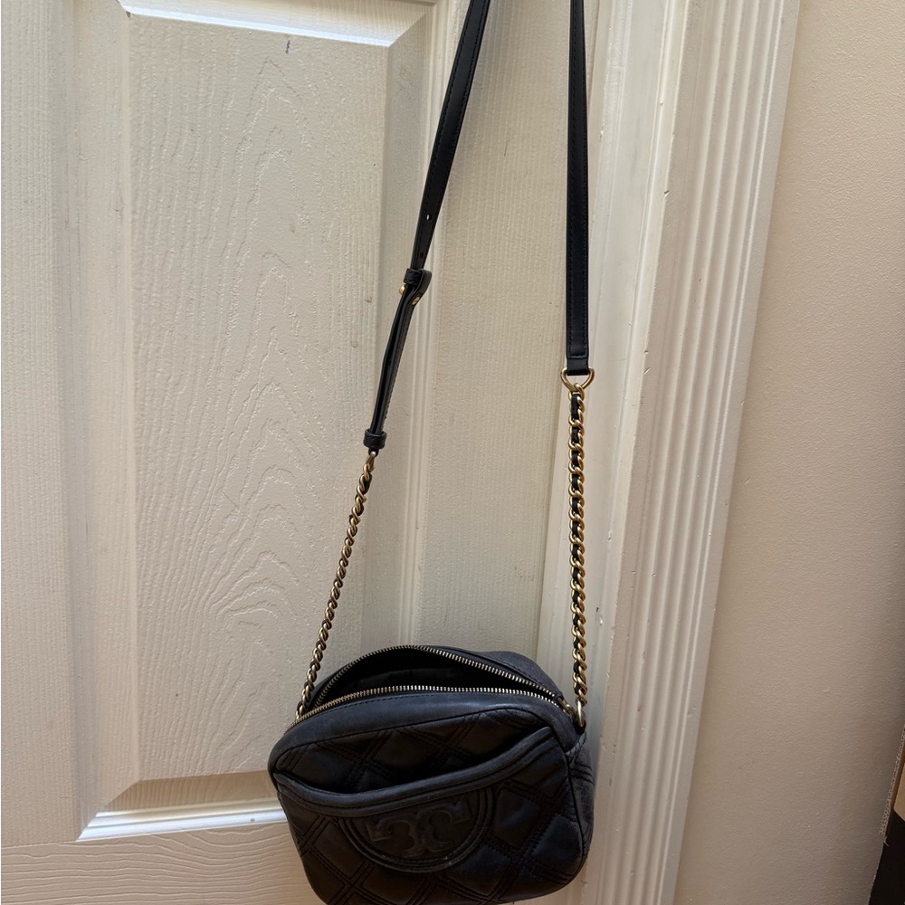 Tory Burch Black Quilted Crossbody with Gold Chain
